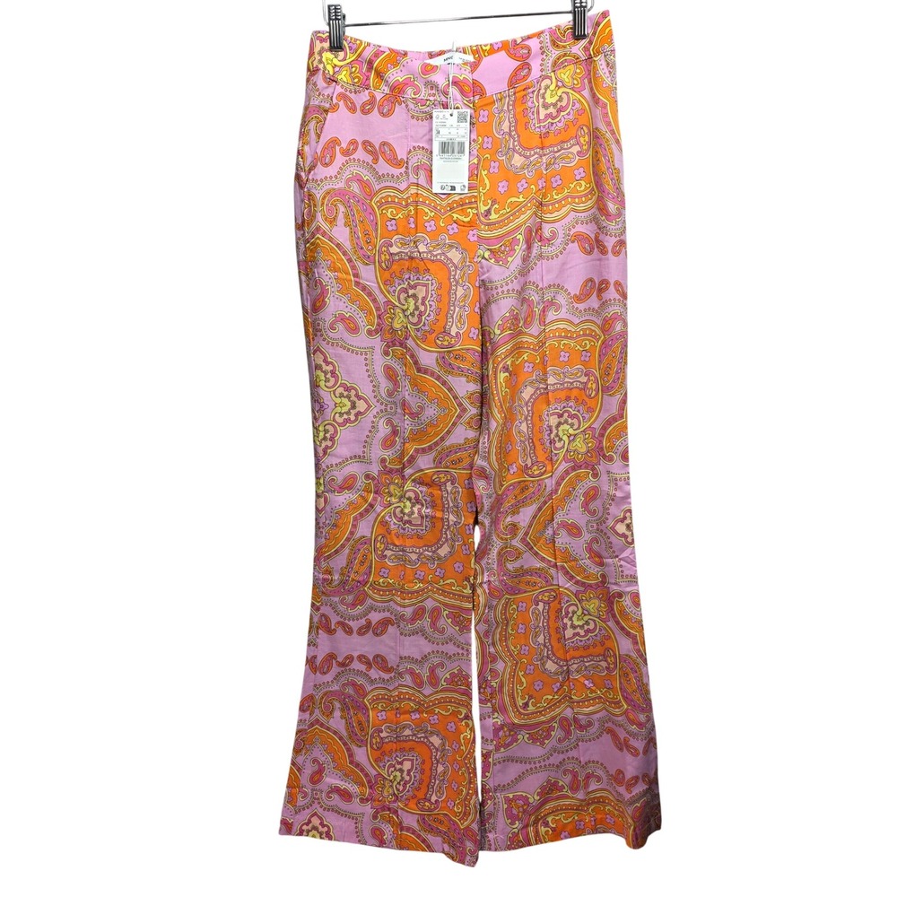 Mango Farrah Pink Orange Paisley Wide Leg Trousers High Rise Pants Size 6 NEW
